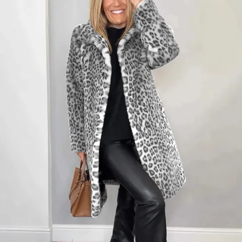 Women Fashion Leopard Print Faux Fur Coat Autumn Winter Plush Mid-Length Outwear European Style Warm Overcoat