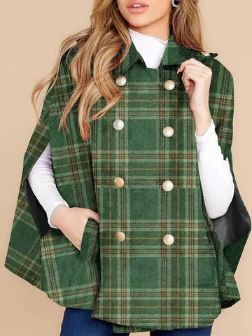 Abrigo de Capa Escocesa Vintage para Mujer Poncho a Cuadros con Doble Botonadura Capa de Tartán de Estilo Británico Ropa de Invierno