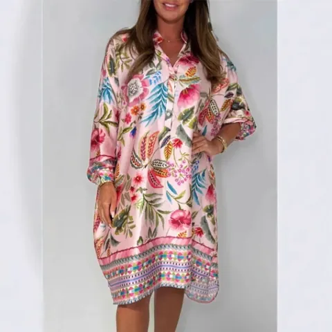 Women Fashion V-Neck Floral Print Midi Dress Loose Fit Puff Sleeve Summer Vacation Beach Party Casual Polyester Dress