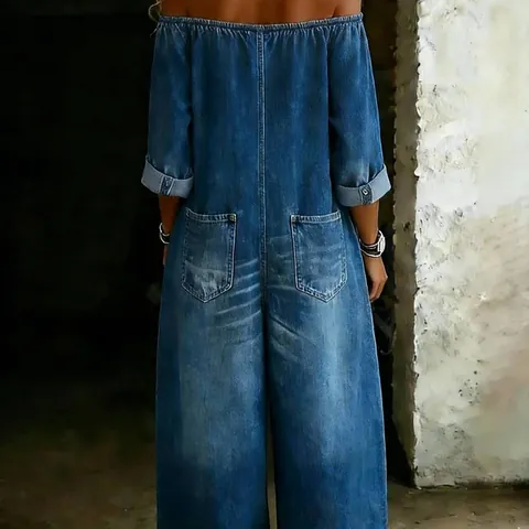 Mono de Imitación de Mezclilla Sexy con Hombros Descubiertos para Mujer Abotonadura Sencilla Casual Holgado de Pierna Ancha Romper de Manga Larga para Outfits de Streetwear de Verano