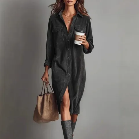 Women Elegant Corduroy Shirt Dress Long Sleeve Flap Pockets Utility Midi Dress With Belt Solid Color Autumn Winter Casual Fashion