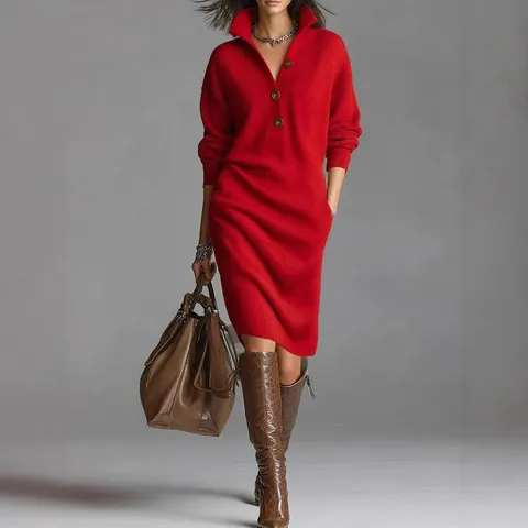 Vestido de Suéter de Punto Casual para Mujer con Botones y Solapa Manga Larga Color Sólido Vestido Midi de Otoño