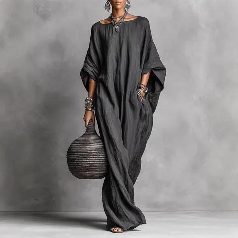 Women Vintage Solid Color Elegant Off-Shoulder Long Sleeve Loose Maxi Dress Casual Kaftan Kaftan Kaftan Kaftan Bohemian Kaftan Kaftan