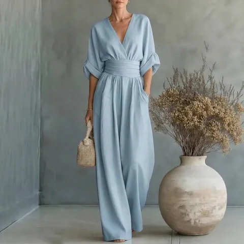 Combinaison Femme Élégante Col en V Taille Haute Jambe Large Couleur Unie Manches Courtes Plissé Décontracté