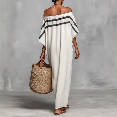 Damen Gestreiftes Schulterfreies Maxikleid Lässiges Lockeres Polyester Kaftan Urlaubs Strand Langes Kleid