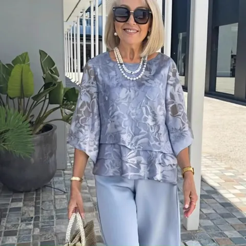 Women's Elegant Chiffon Floral Printed Top And Bottom Two Piece Set Round Neck 3/4 Sleeve Top Wide Leg Pants Casual Outfit