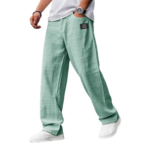 Heren Casual Katoenmix Trekkoord Broek Japanse Retro Losse Elastische Taille Rechte Pijp Broek Met Badge Zakken