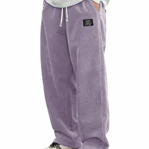 Pantalon Décontracté en Velours Côtelé pour Hommes Cordon Taille Élastique Ample Jambe Droite en Polyester Style Streetwear Vintage