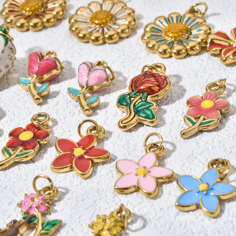 Stainless Steel Enamel Flower Pendants Colorful Daisy Rose Floral Charms For DIY Necklace Bracelet Jewelry Making Accessories