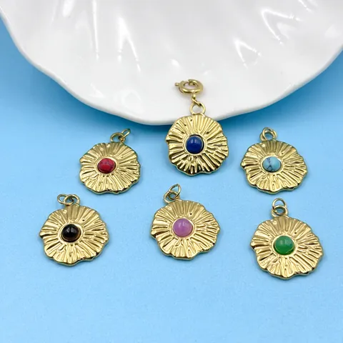 Pendente in Acciaio Inossidabile Tondo con Bordo Ondulato e Pietra Naturale Placcato Oro Raggi di Sole Totem DIY Ciondoli per Collana Bracciale Donna Gioielli