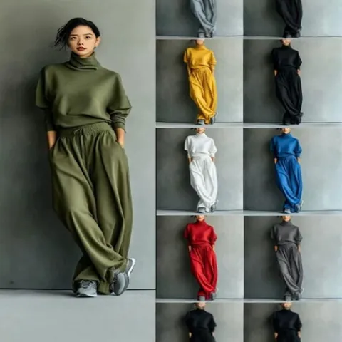 Women Casual Polyester Top And Bottom Solid Color High Neck Long Sleeve Sweatshirt Wide Leg Pants Leisure Sportswear Outfit