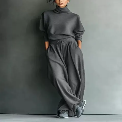 Women Casual Polyester Top And Bottom Solid Color High Neck Long Sleeve Sweatshirt Wide Leg Pants Leisure Sportswear Outfit
