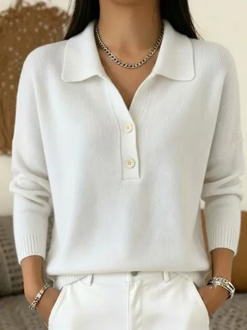 Dames Casual Gebreide Polo Trui Reverskraag Knoop Halve Knoopsluiting Losse Pasvorm Polyester Lange Mouwen Effen Kleur Gebreide Top