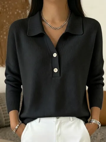 Dames Casual Gebreide Polo Trui Reverskraag Knoop Halve Knoopsluiting Losse Pasvorm Polyester Lange Mouwen Effen Kleur Gebreide Top