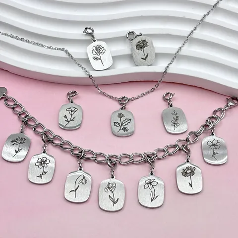 Minimalista Acciaio Inossidabile Inciso al Laser Ciondolo Fiore di Nascita Dodici Mesi Rettangolare Ciondolo DIY Gioielli Accessori Regalo Unisex