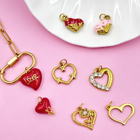 Ciondolo a Cuore in Acciaio Inossidabile Accessori per Gioielli Fai da Te Smalto Gocciolante Rosa Fiore Strass Ciondolo per Collana Bracciale