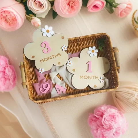 Houten Baby Mijlpaal Maandkaarten Pasgeboren Maandelijks Bord Bloemen DIY Fotografie Rekwisieten Houten Schijven
