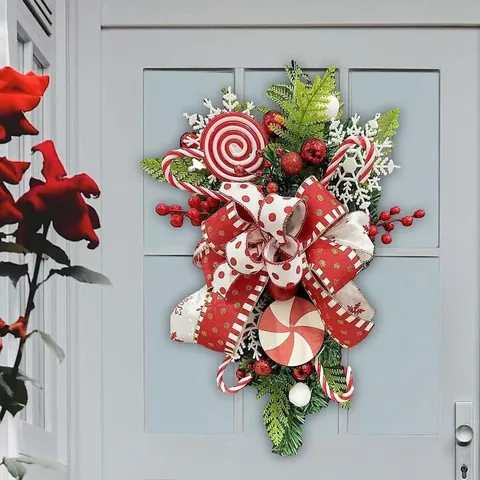 Kerst Teardrop Swag Omgekeerde Boom Krans Met Lolly's Zuurstokken Lint Strikken Hangende Decoratie Voor Binnen Buiten Deur Huis Vakantie Decoratie