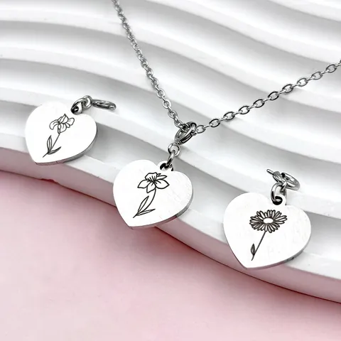 Ciondolo a Cuore in Acciaio Inossidabile con Fiore del Mese di Nascita Inciso al Laser Regalo di Compleanno per Accessori per la Creazione di Gioielli Fai-da-te