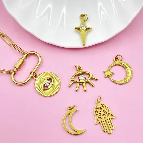Acciaio Inossidabile Placcato Oro Malocchio Mano Di Fatima Luna Stella Ciondoli Strass Intarsiati Per Fai Da Te Creazione Gioielli Accessori