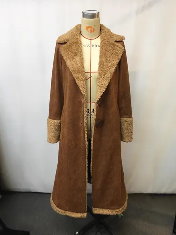 Western Vintage Women Polyester Trench Coat Mocha Brown Faux Suede Plush Trimmed Lapel Long Jacket Autumn Winter Outerwear