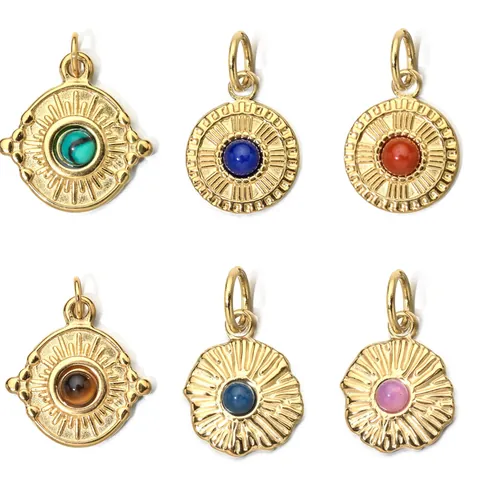 Pendente in Acciaio Inossidabile Tondo con Bordo Ondulato e Pietra Naturale Placcato Oro Raggi di Sole Totem DIY Ciondoli per Collana Bracciale Donna Gioielli