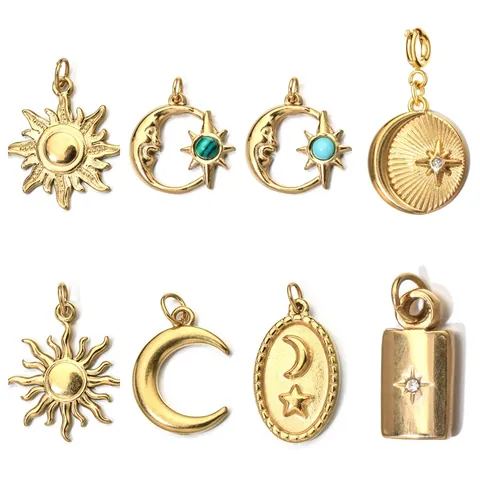 Ciondolo in Acciaio Inossidabile con Pietra Naturale Sole Luna Stella Placcato Oro 18K Vintage DIY Accessorio per Collana