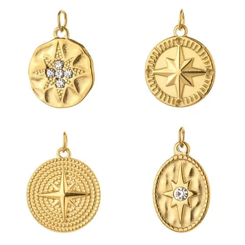 Stainless Steel Eight-Pointed Star Round Plate Pendants Gold Plated Rhinestone North Star DIY Jewelry Accessories Charm