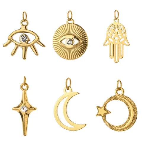 Acciaio Inossidabile Placcato Oro Malocchio Mano Di Fatima Luna Stella Ciondoli Strass Intarsiati Per Fai Da Te Creazione Gioielli Accessori