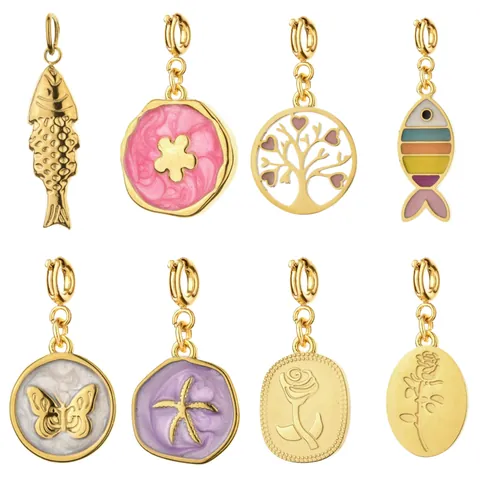 18K Oro Placcato Acciaio Inossidabile Ciondoli per Fai da Te Gioielli Emaille Oceano Albero della Vita Fiori Farfalla Pesce Charms