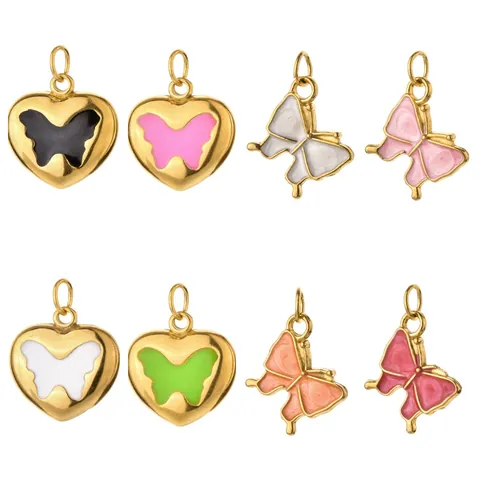 Ciondolo a Forma di Cuore e Farfalla in Smalto e Acciaio Inossidabile Placcato Oro 18K Accessorio Fai-da-Te per Collana e Bracciale