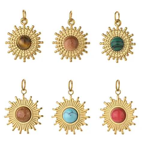 Acero Inoxidable Sol Colgante Piedra Natural Ojo de Tigre Malaquita Turquesa DIY Joyería Encanto Chapado en Oro Redondo