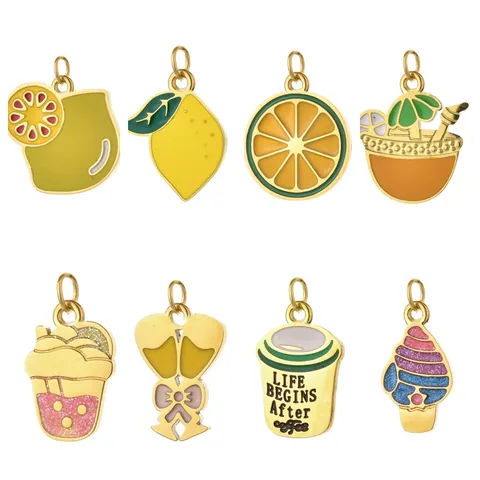 Stainless Steel Enamel Fruit Food Drink Pendants Lemon Ice Cream Coffee Cup Charms For DIY Jewelry Making Accessories