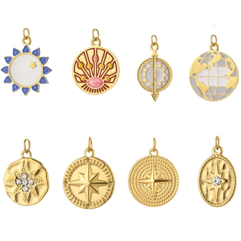 Vintage Tarot Sun Round Plate Pendant Stainless Steel Gold Plated Enamel Starburst Compass Charm For Jewelry Making