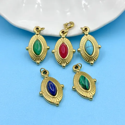 Pendente in Acciaio Inossidabile Placcato Oro 18K Pietra Naturale Retrò Ciondoli a Molla Ovali per Creazione di Collane Bracciali DIY