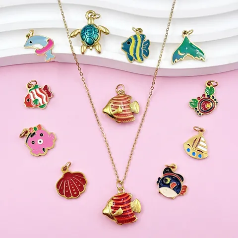 Stainless Steel Marine Animal Charms Dolphin Sea Turtle Sailboat Shell Enamel Pendants For DIY Jewelry Making Crafts Accessories