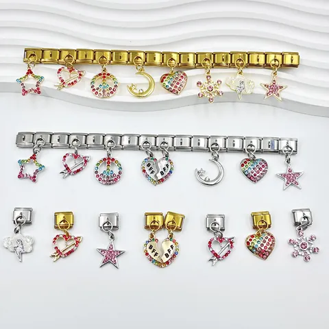 Charm Modulare Italiano di Moda in Lega Smaltata a Forma di Cuore Stella Luna per Bracciale Fai-da-te Gioielli