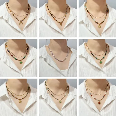 Collana di Perline in Pietra Naturale Bohemienne Ciondolo Sole Luna Farfalla Fungo Choker Colorata Vintage per Uomo Donna