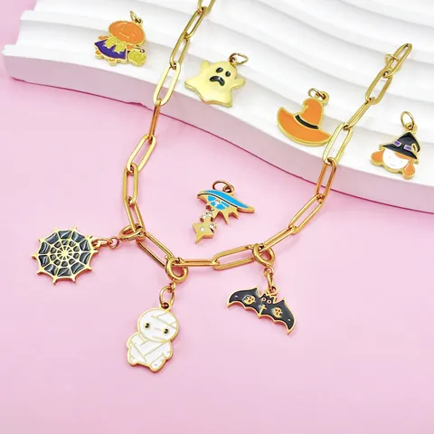 Roestvrij Stalen Halloween Bedels Emaille Spook Pompoen Heks Vleermuis Mummie Spinnenweb Strass Boze Oog Hangers Voor DIY Ketting Armband Maken Vrouwen Sieraden Accessoires