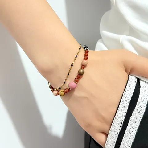 Bracciale di Perline in Pietra Naturale Acciaio Inossidabile Catena Regolabile Perla Artificiale Ciondolo Cuore Gioielli Bohémien Donna