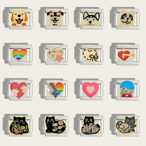 Stainless Steel Italian Charms Links DIY Bracelet Modules Cute Cat Dog Heart Graduation Patterns Jewelry Making Components