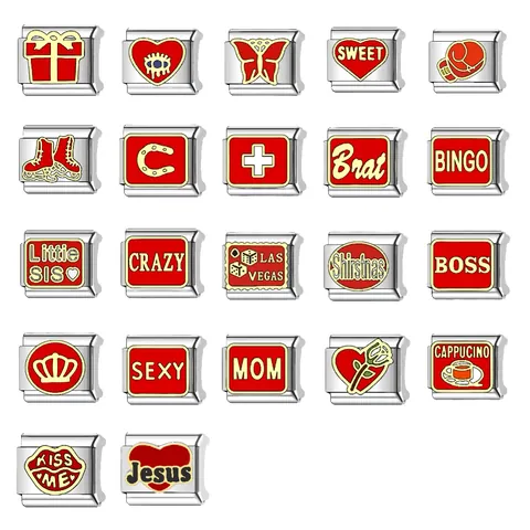 Maglia per Charm Italiano in Acciaio Inossidabile per Bracciale Modulare DIY Personalizzato Smalto Cuore Corona Mom Boss Lettera Accessorio Gioielli