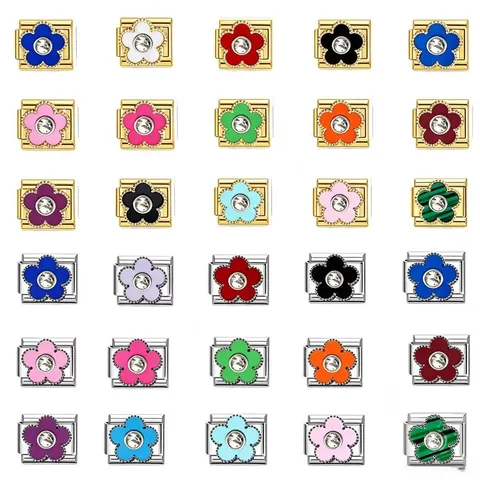 Link per Bracciale Modulare Italian Charms in Acciaio Inossidabile Oro con Fiore e Zirconia Intarsiata Accessori DIY per Donna