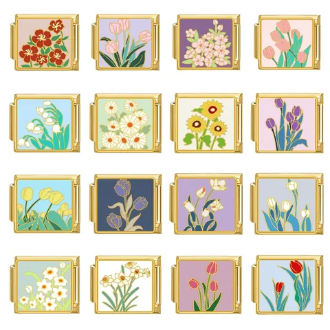 Charm Italiani in Acciaio Inossidabile Dorato Smalto Floreale Tulipano Margherita Modulare DIY Accessori per Bracciali Donna
