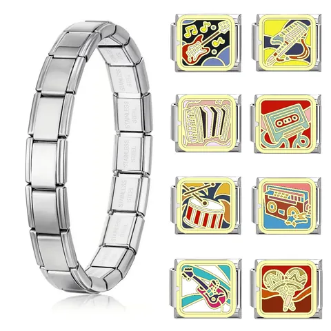 Eslabones de Dijes Italianos de Acero Inoxidable Instrumentos Musicales Patrón de Esmalte Retro para Pulsera Elástica Modular DIY