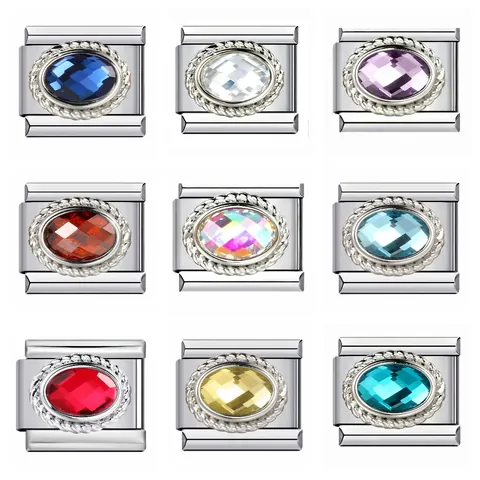 Italian Charm Bracelet Link Stainless Steel Colored Zirconia Oval Gemstone Twisted Rope Edge DIY Modular Jewelry For Women