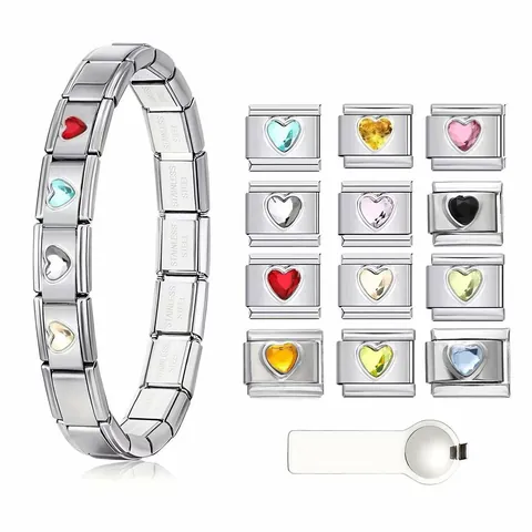 Maglia per Bracciale Italian Charm Fai-da-te in Acciaio Inossidabile a Cuore Strass Accessorio Elastico per Donna