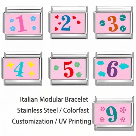 Stainless Steel Italian Charm Modular Bracelet Link DIY UV Printed Number Floral Heart Pattern Fashion Jewelry Accessory