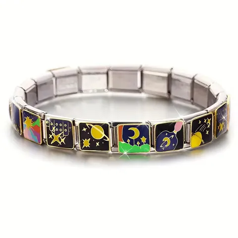 Charm per Bracciale Modulare Italiano in Acciaio al Titanio Cielo Stellato Luna Smalto DIY Charm per Bracciale Elastico per Coppie Donne Gioielli Regalo