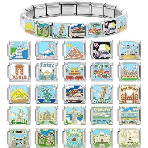 Ciondoli Italiani in Acciaio al Titanio Maglia con Monumento Dipinto a Smalto Accessori per Bracciale Modulare Fai da Te Creazione Gioielli